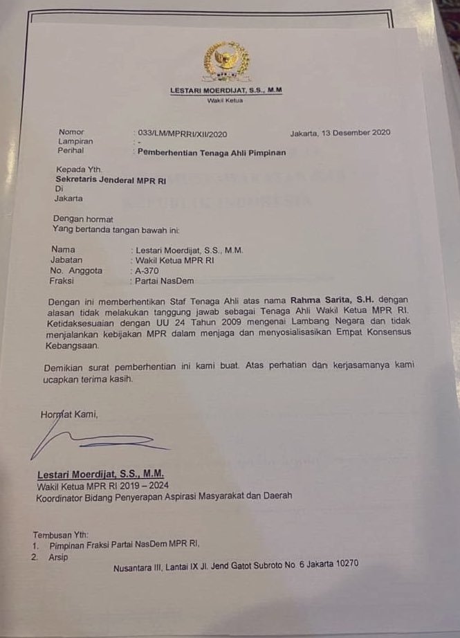 surat pemecatan staf ahli pimpinan mpr