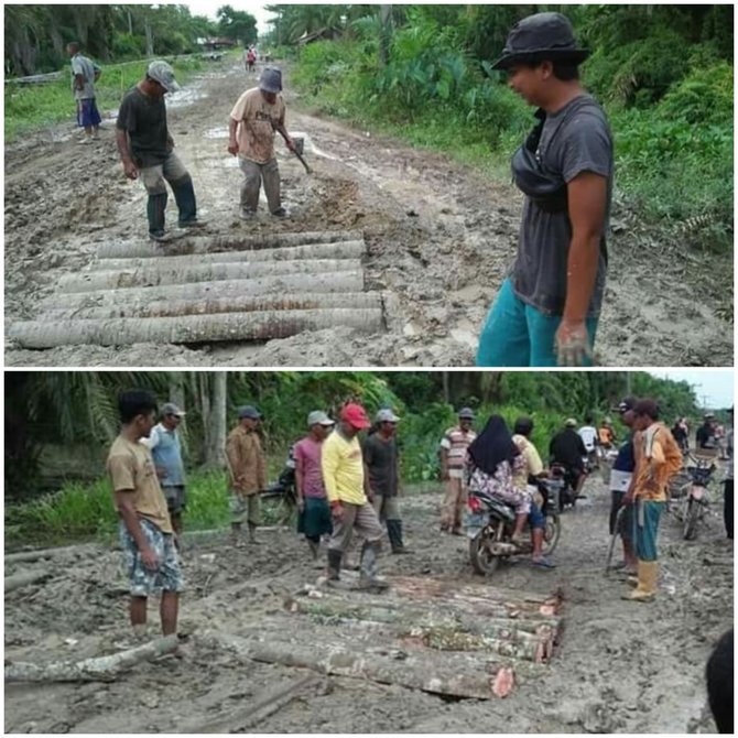 rusak parah warga di sumut gotong royong tambal jalan pakai ini