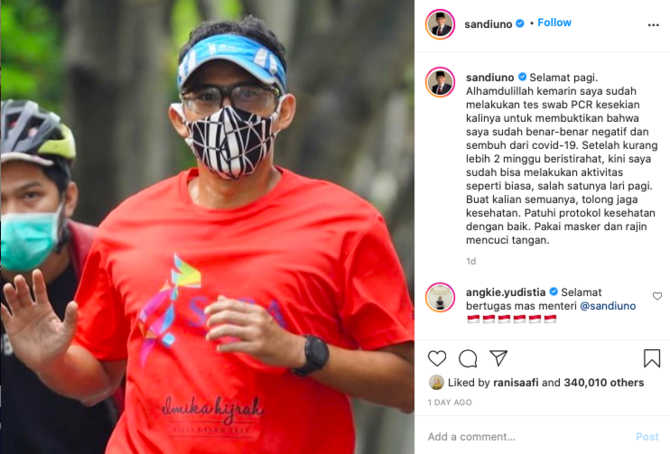 sembuh dari covid 19 sandiaga uno minta masyarakat patuhi protokol kesehatan