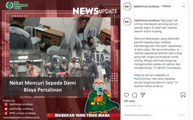 pria di surabaya nekat curi sepeda angin karena butuh biaya persalinan