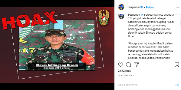 foto perwira tni disebut tewas usai divaksinasi