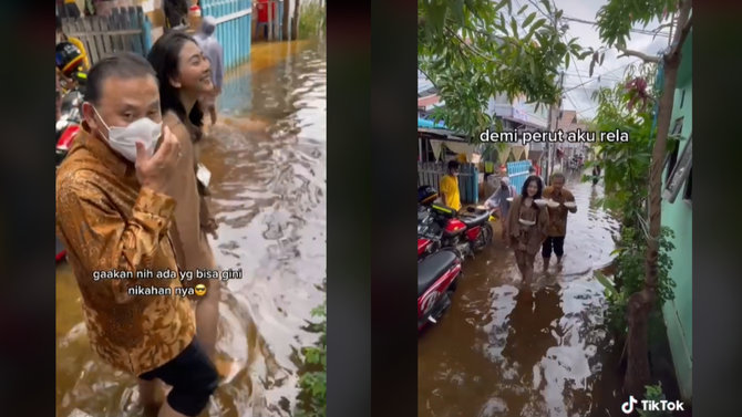 viral cewek terjang banjir saat pernikahan