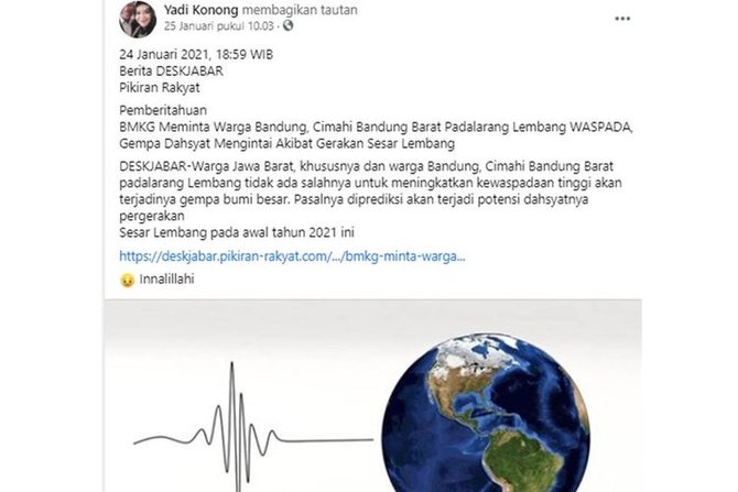 tangkapan layar informasi gempa berkekuatan besar yang akan terjadi di bandung