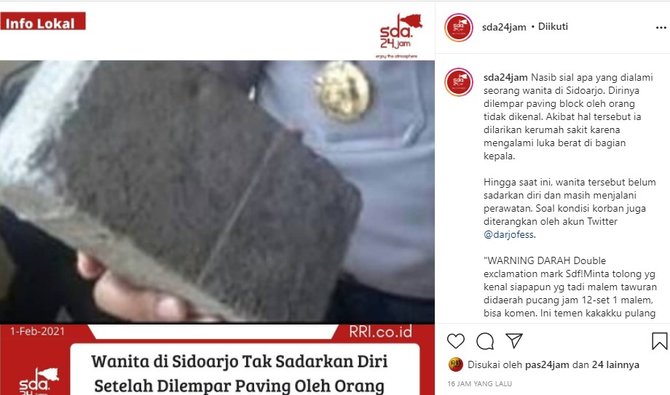 perempuan di sidoarjo dilempar paving oleh orang tak dikenal