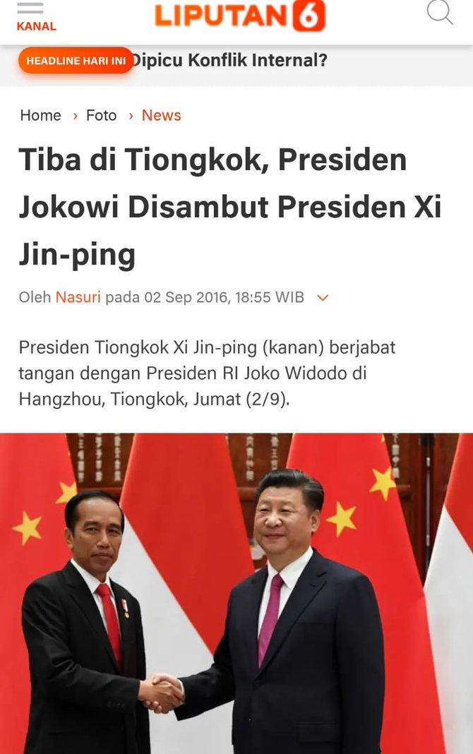 tangkapan layar berita jokowi dan xi jinping berjabat tangan