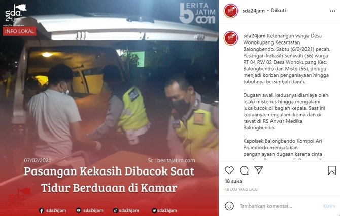 pasangan kekasih lansia di sidoarjo dibacok orang misterius