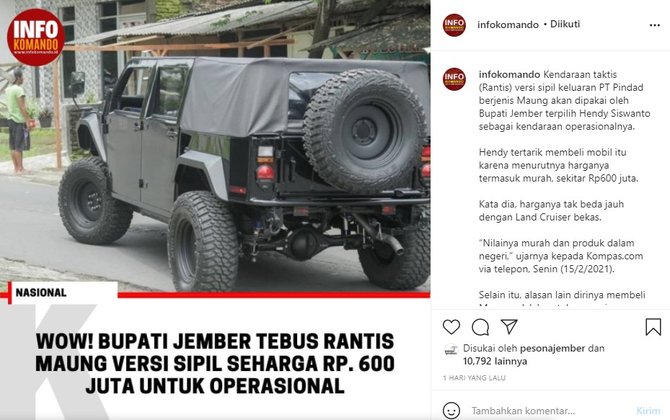 bupati jember hendy siswanto beli mobil maung