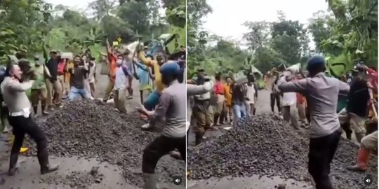 Aksi Mengejutkan Polisi saat Bantu Tambal Jalan, Warga Kompak Sampai Angkat Pacul