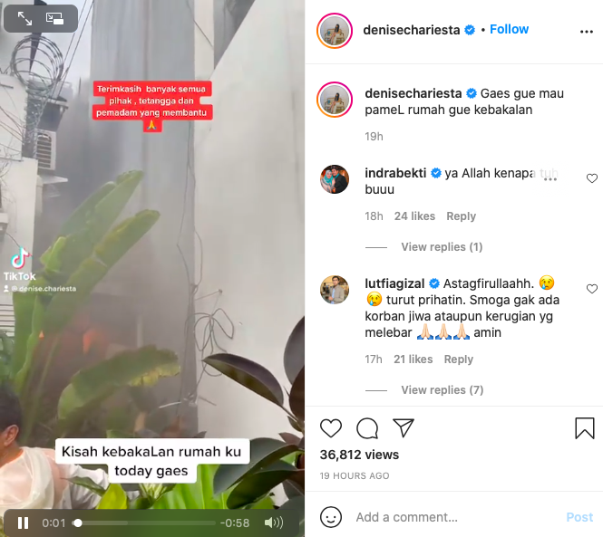 ditimpa musibah reaksi selebgram denise chariesta saat pamer rumah kebakaran jadi sorotan