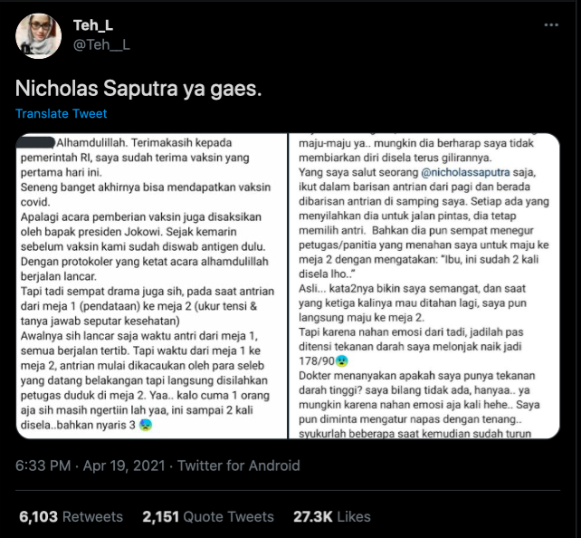 tetap pilih antre sikap nicholas saputra saat vaksinasi ini tuai banyak pujian