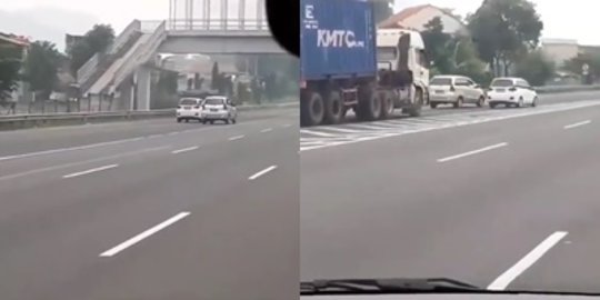 Video Dua Mobil Saling Kejar dan Pepet di Jalan Tol, Nyaris Ketabrak Truk Kontainer