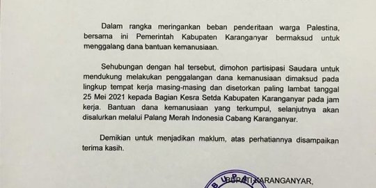 Bupati Karanganyar Keluarkan Surat Edaran, Galang Dana untuk Palestina