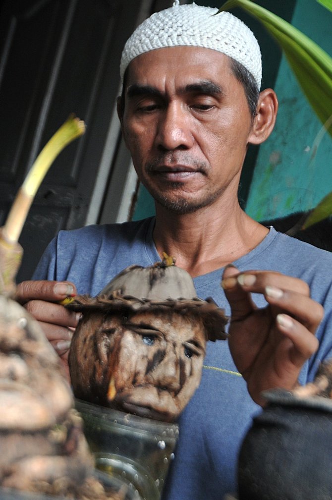 seni bonsai pohon kelapa dibentuk bak kepala manusia