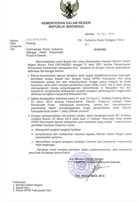 surat kemendagri untuk gubernur ntt