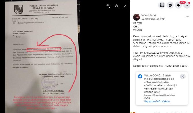 hoaks pemkot pekanbaru tarik vaksin covid 19 dari rs karena tak manjur
