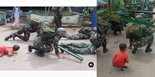 Video Kocak Anak Kecil Ikut Pasukan Latihan Militer, Anggota TNI jadi Grogi