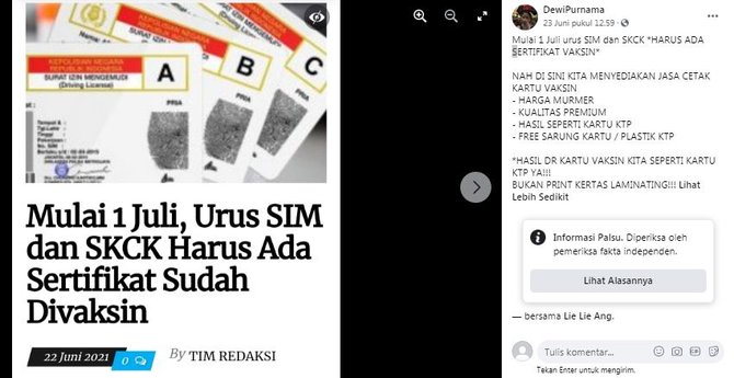 hoaks urus sim dan skck baru harus ada sertifikat vaksin covid 19