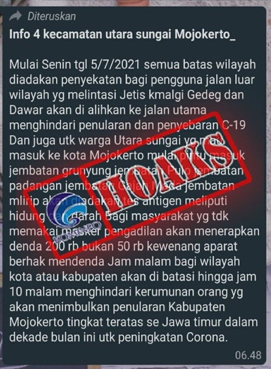 cek fakta tidak benar masuk kota mojokerto akan dites antigen