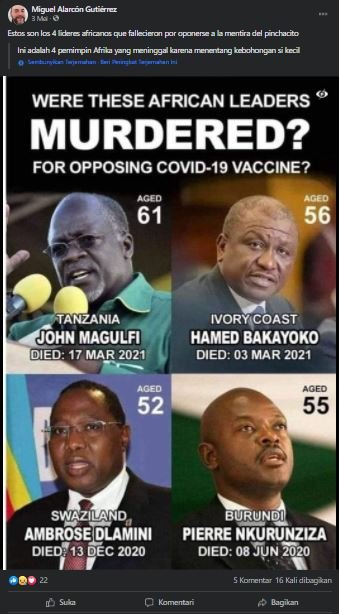 hoaks empat pemimpin afrika meninggal karena vaksin covid 19