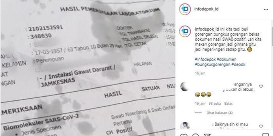 Viral Kertas Hasil Tes Swab Positif Covid-19 Dijadikan Bungkus Gorengan di Depok