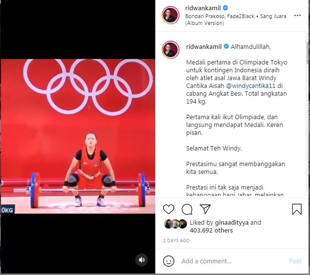 ini kesan ridwan kamil pada peraih medali olympic windy cantika geulis dan bageur