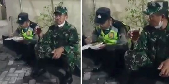 Potret Kompak Anggota TNI dan Polisi, Duduk Lesehan Makan dan Minum Teh Bareng