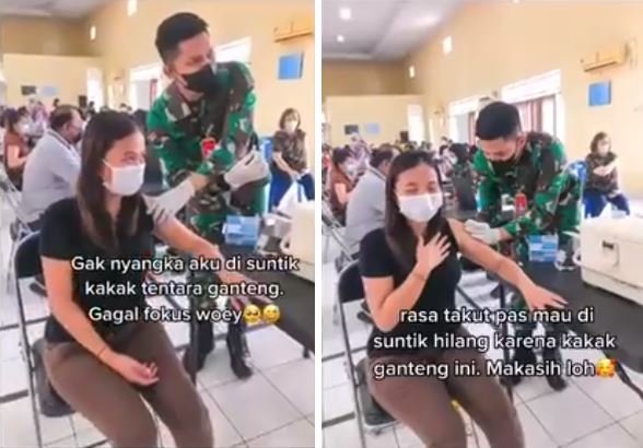 cewek ini gak nyangka disuntik vaksin sama tni ganteng