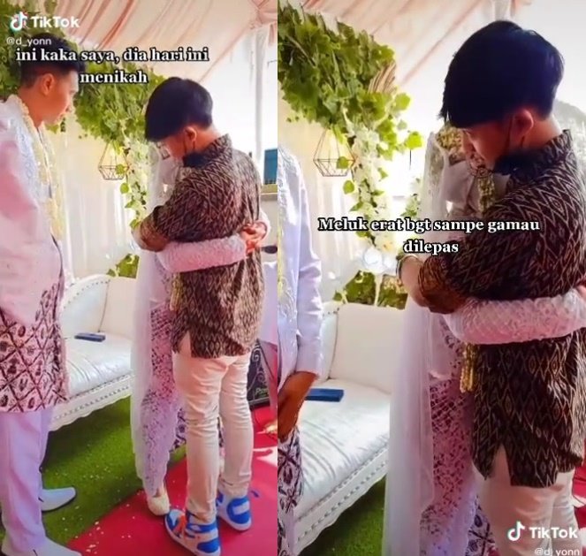di pelaminan pengantin wanita peluk erat pria lain sambil nangis