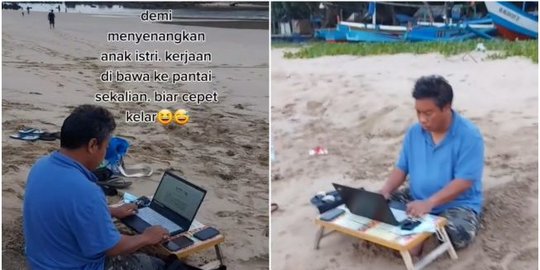 Kocak, Demi Turuti Keluarga Liburan Pria Ini Bawa Laptop dan Meja Kerja ke Pantai