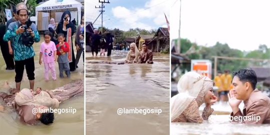 Pelaminan Kebanjiran, Pengantin Ini Sekalian Foto di Genangan Air sampai Tiduran