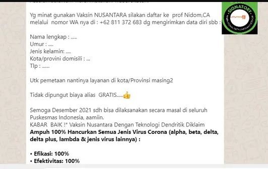 tidak benar ada pendaftaran vaksin nusantara