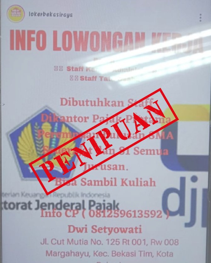 hoaks info lowongan kerja kpp pratama bekasi barat