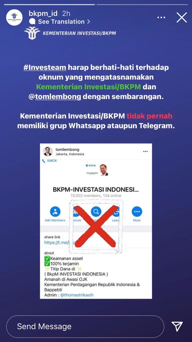 hoaks admin grup telegram bkpm catut nama thomas lembong