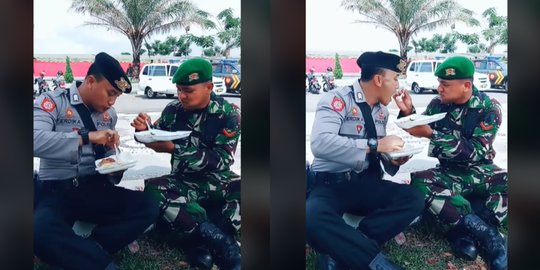 Aksi TNI-Polri Saat Makan 'Mesra' Banget, Saling Suap-suapan Tunjukkan Keakraban