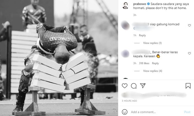 menhan prabowo unggah foto atraksi komcad