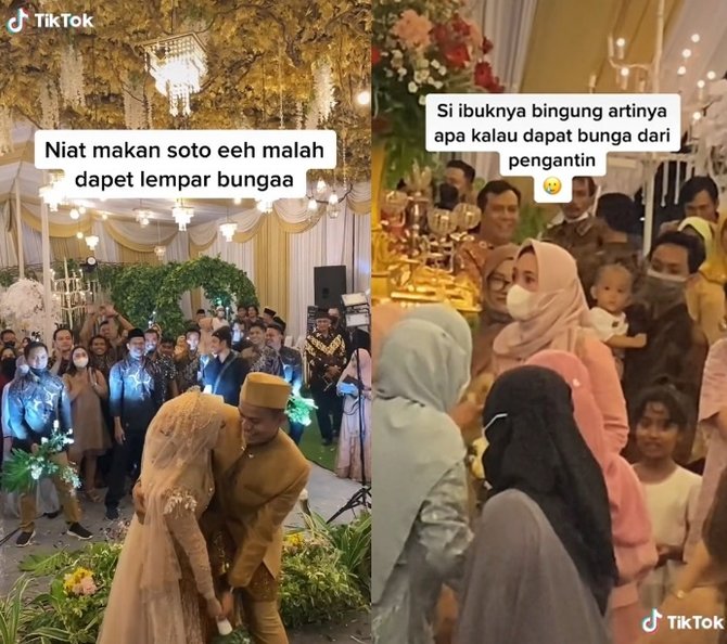 ibu ini kaget tiba tiba dapat buket bunga dari pengantin