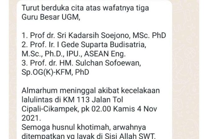 tidak benar kecelakaan di tol cipali sebabkan 3 guru besar ugm meninggal