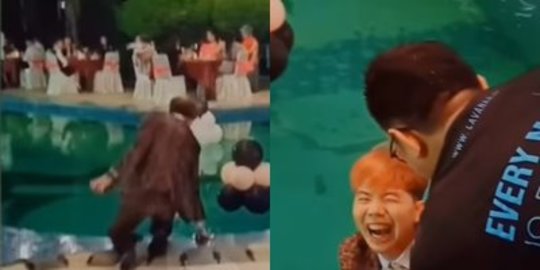 Kocak, MC Joget-joget di Dekat Kolam Malah Tercebur Gara-gara Micnya Jatuh