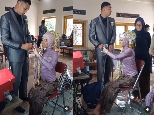 momen romantis pengantin pria suapi calon istri yang sedang dirias