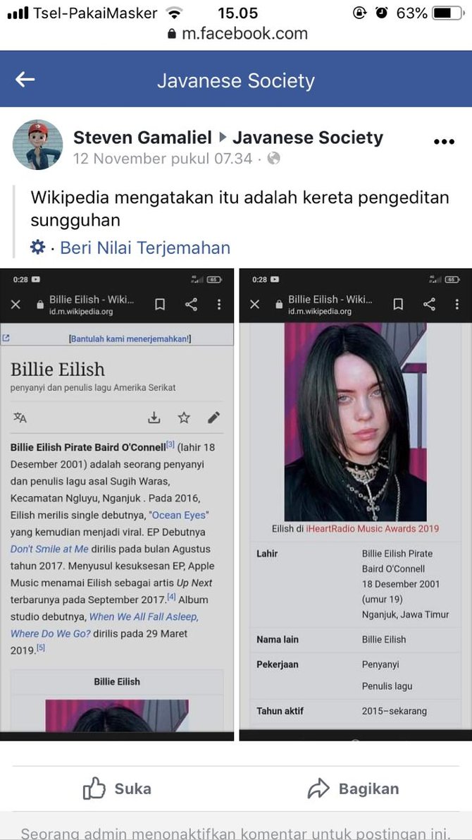 hoaks penyanyi billie eilish lahir di nganjuk jawa timur