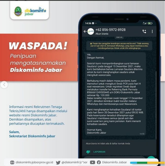 waspada penipuan lowongan kerja mengatasnamakan diskominfo jabar