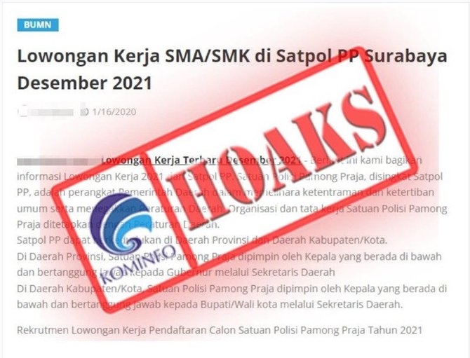 cek fakta hoaks lowongan kerja satpol pp surabaya desember 2021
