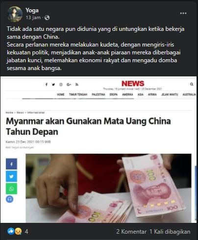 kabar myanmar pakai mata uang china