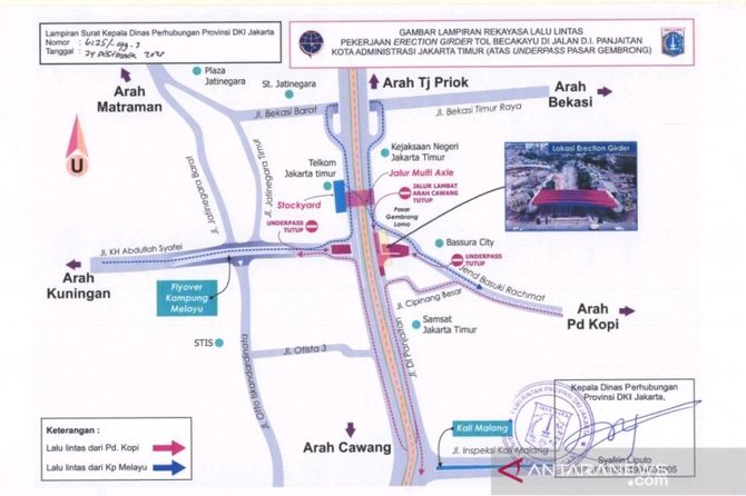 peta pengalihan arus lalu lintas di sekitar jalan di panjaitan jakarta timur sehubungan pengangkatan balok beton tol becakayu