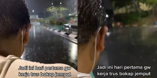 Momen Haru Ayah Jemput Putrinya di Hari Pertama Kerja, Rela Hujan-hujanan