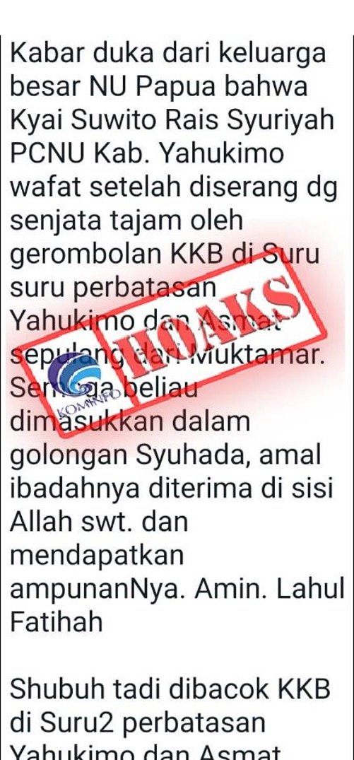 cek fakta hoaks info kiai nu tewas diserang kkb