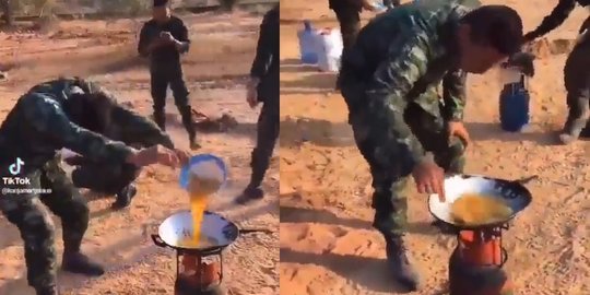 Melihat Goreng Telur Ala TNI Saat Tugas, Masak Langsung di Atas Tabung Gas