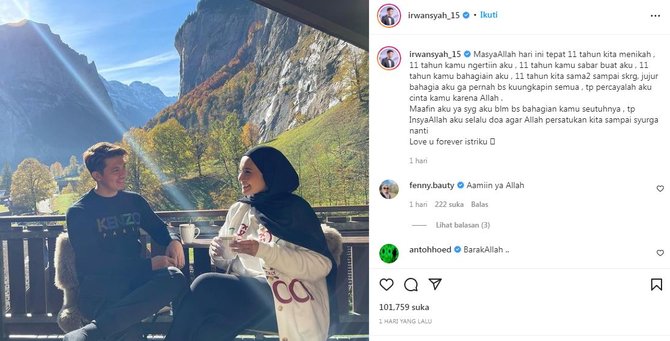 genap 11 tahun pernikahannya dengan zaskia sungkar irwansyah tulis pesan haru
