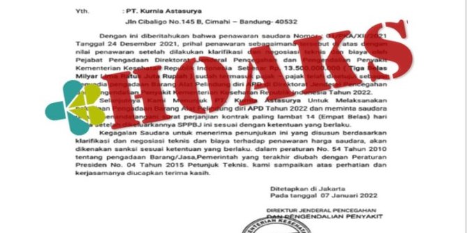 CEK FAKTA: Hoaks Surat Penunjukkan Penyedia Barang/Jasa Kemenkes
