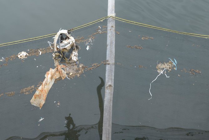 foto esai lautan sampah di muara sungai cisadane